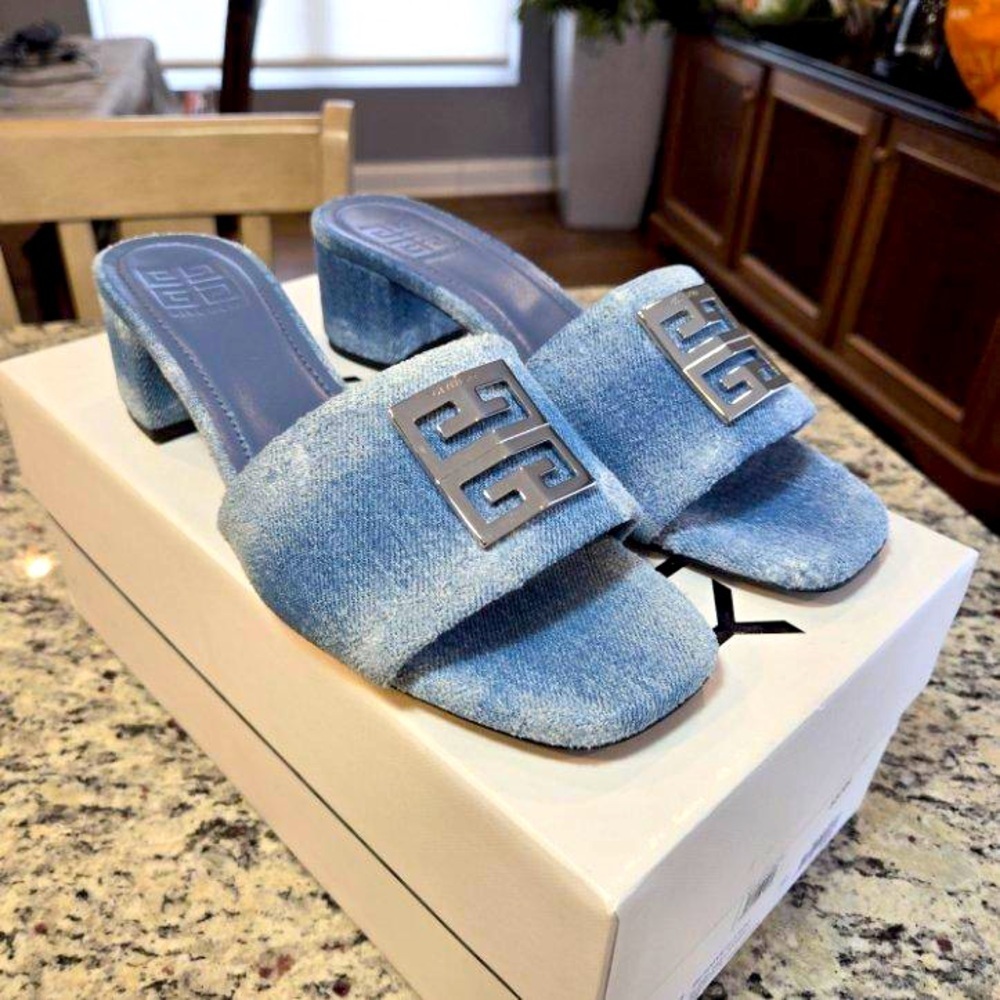 New Givenchy Distressed Denim Slides Size 39 45mm Heels